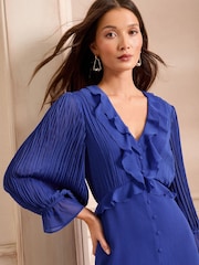 Love & Roses Cobalt Blue Pleated Ruffle Midi Dress - Image 2 of 4
