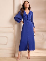 Love & Roses Cobalt Blue Pleated Ruffle Midi Dress - Image 4 of 4