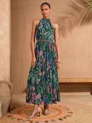 Love & Roses Green Tropical Petite Mesh Halterneck Maxi Dress - Image 1 of 4
