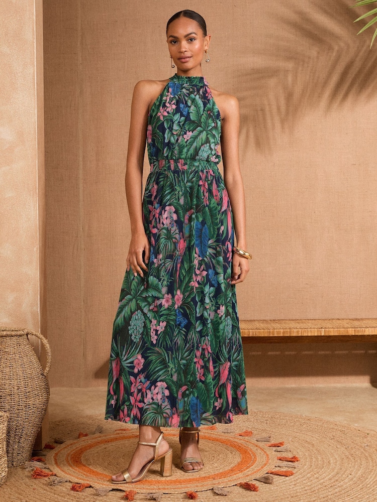 Love & Roses Green Tropical Petite Mesh Halterneck Maxi Dress - Image 1 of 4