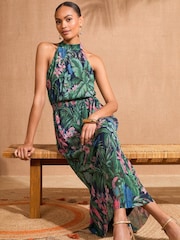 Love & Roses Green Tropical Petite Mesh Halterneck Maxi Dress - Image 3 of 4