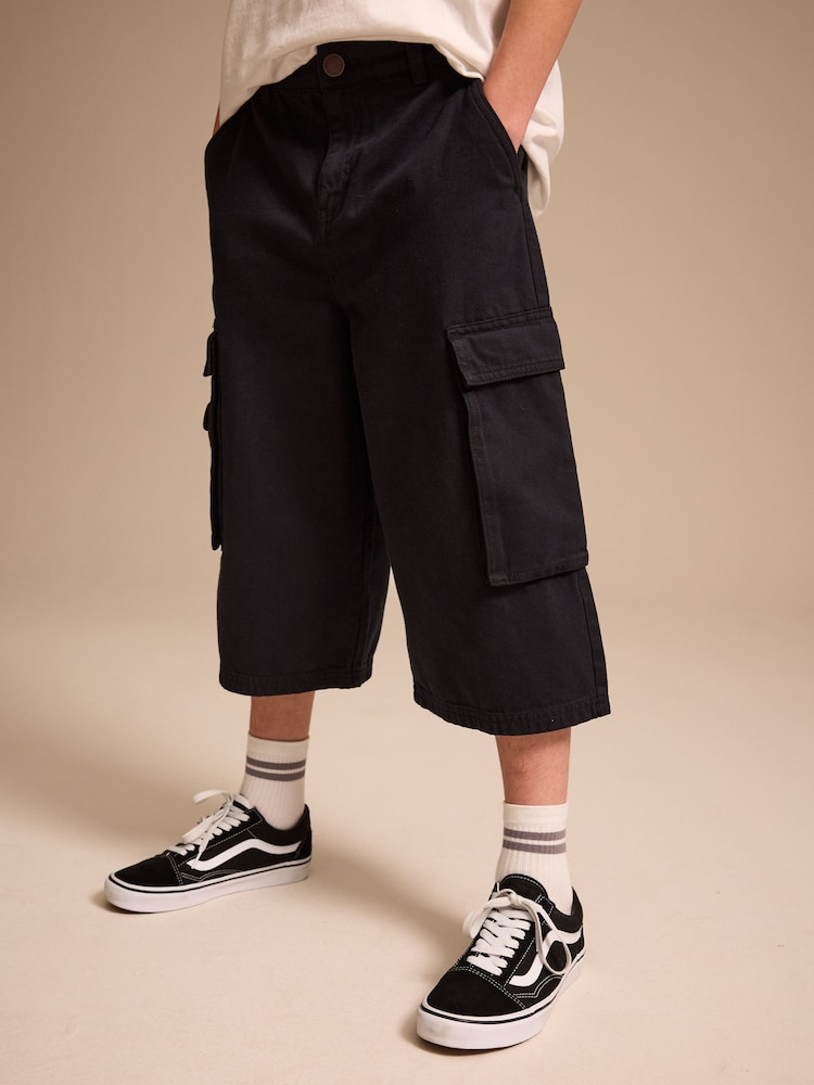 Black Extra Long 100% Cotton Cargo Jort Shorts (3-16yrs) - Image 1 of 4