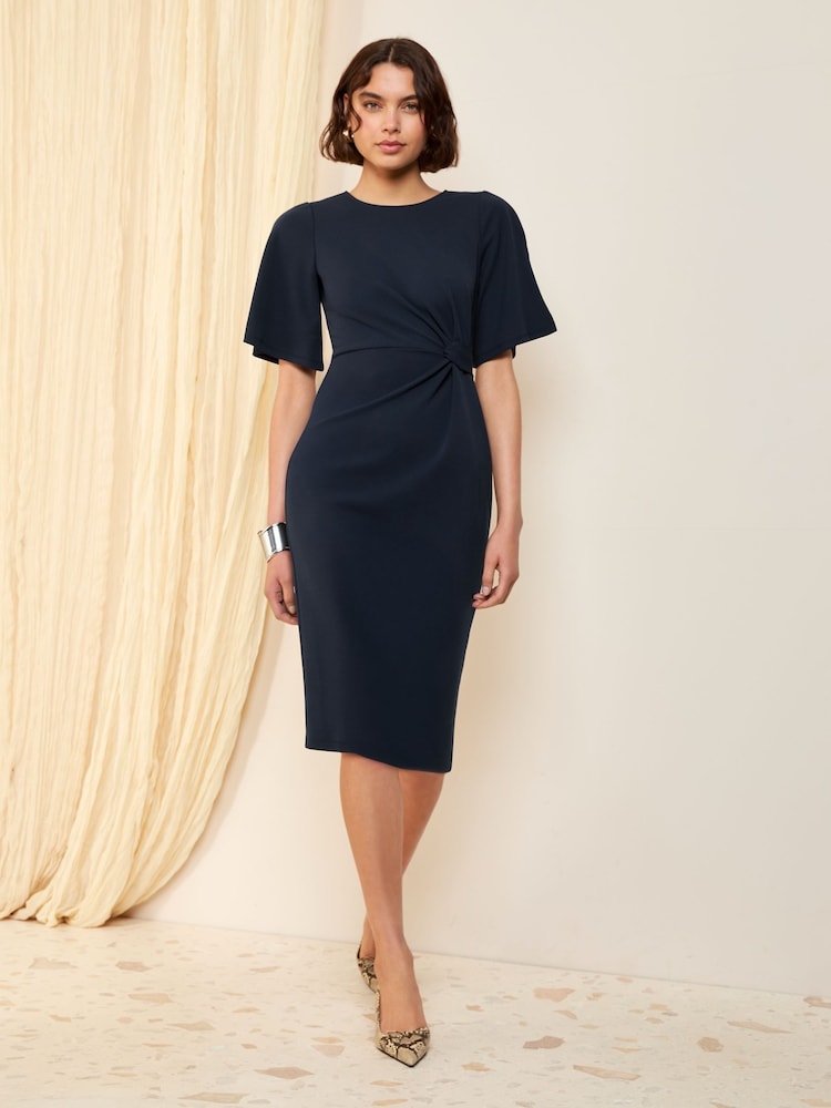 Friends Like These Navy Flutter Sleeve Knot Waist Detail Midi Tailored Dress - Image 1 of 4