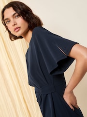 Friends Like These Navy Flutter Sleeve Knot Waist Detail Midi Tailored Dress - Image 2 of 4