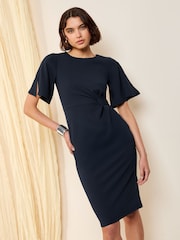 Friends Like These Navy Flutter Sleeve Knot Waist Detail Midi Tailored Dress - Image 3 of 4