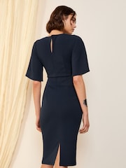 Friends Like These Navy Flutter Sleeve Knot Waist Detail Midi Tailored Dress - Image 4 of 4