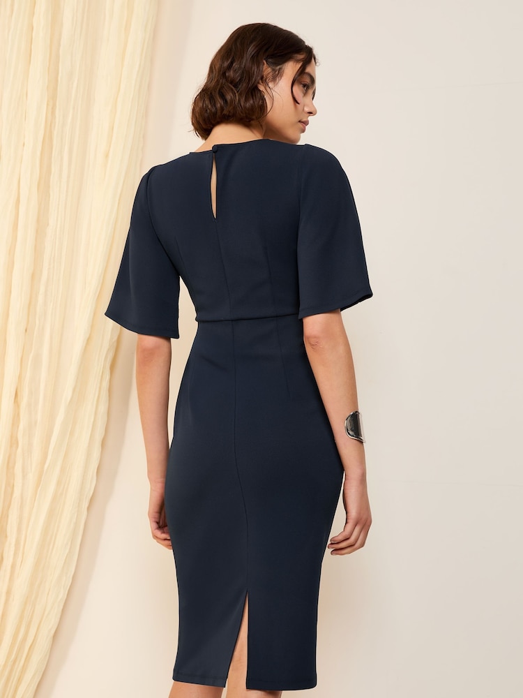 Friends Like These Navy Flutter Sleeve Knot Waist Detail Midi Tailored Dress - Image 4 of 4