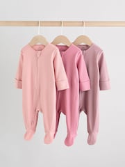Pink 3 Pack Baby Two Way Zip Sleepsuits 3 Pack (0-2yrs) - Image 1 of 13