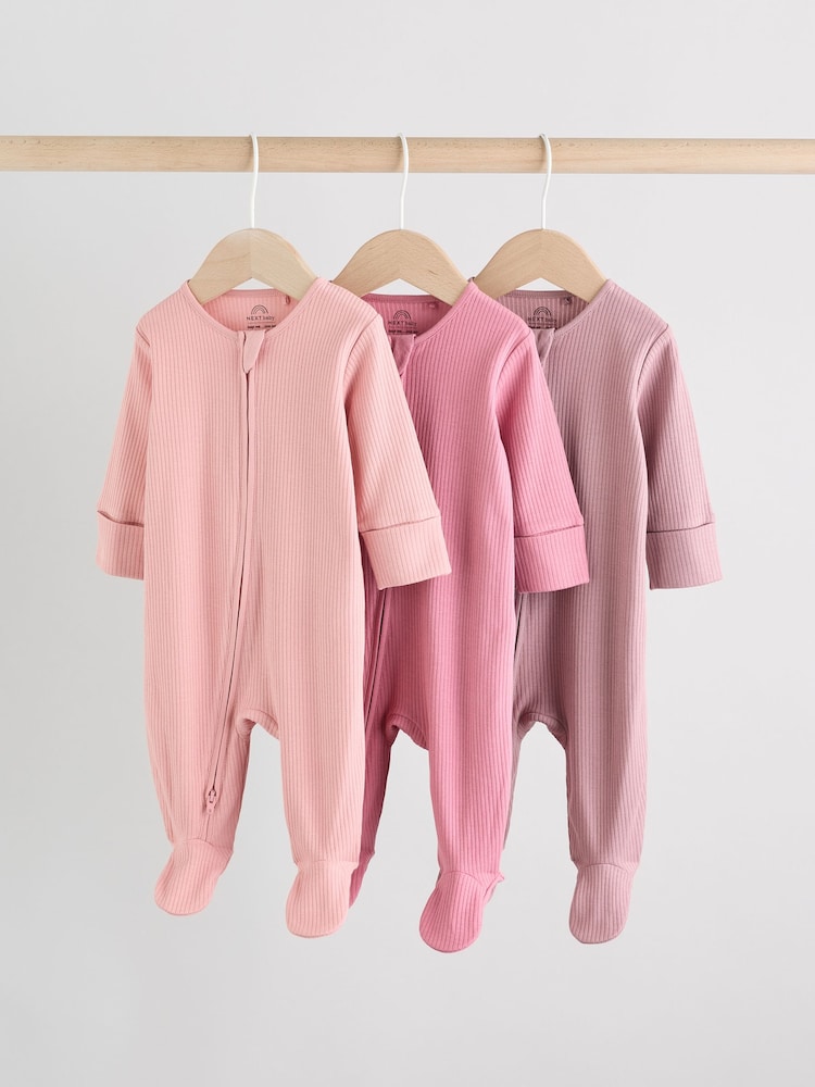 Pink 3 Pack Baby Two Way Zip Sleepsuits 3 Pack (0-2yrs) - Image 1 of 13