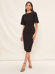 Friends Like These Black Petite Flutter Sleeve Knot Waist Detail Midi Tailored Dress - Image 3 of 4