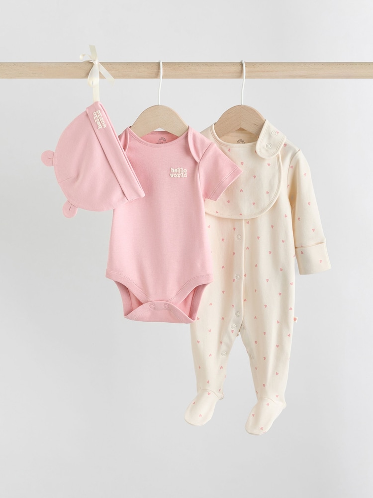 Pink Baby Sleepsuit, Bodysuit, Beanie and Bib Set 4 Piece (0-9mths) - Image 1 of 11