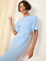 Friends Like These Blue Flutter Sleeve Knot Waist Detail Midi Tailored Dress - Image 2 of 4