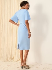 Friends Like These Blue Flutter Sleeve Knot Waist Detail Midi Tailored Dress - Image 4 of 4