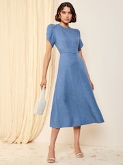 Friends Like These Blue Petal Sleeve Midi A Line Belted Dress - Image 1 of 5