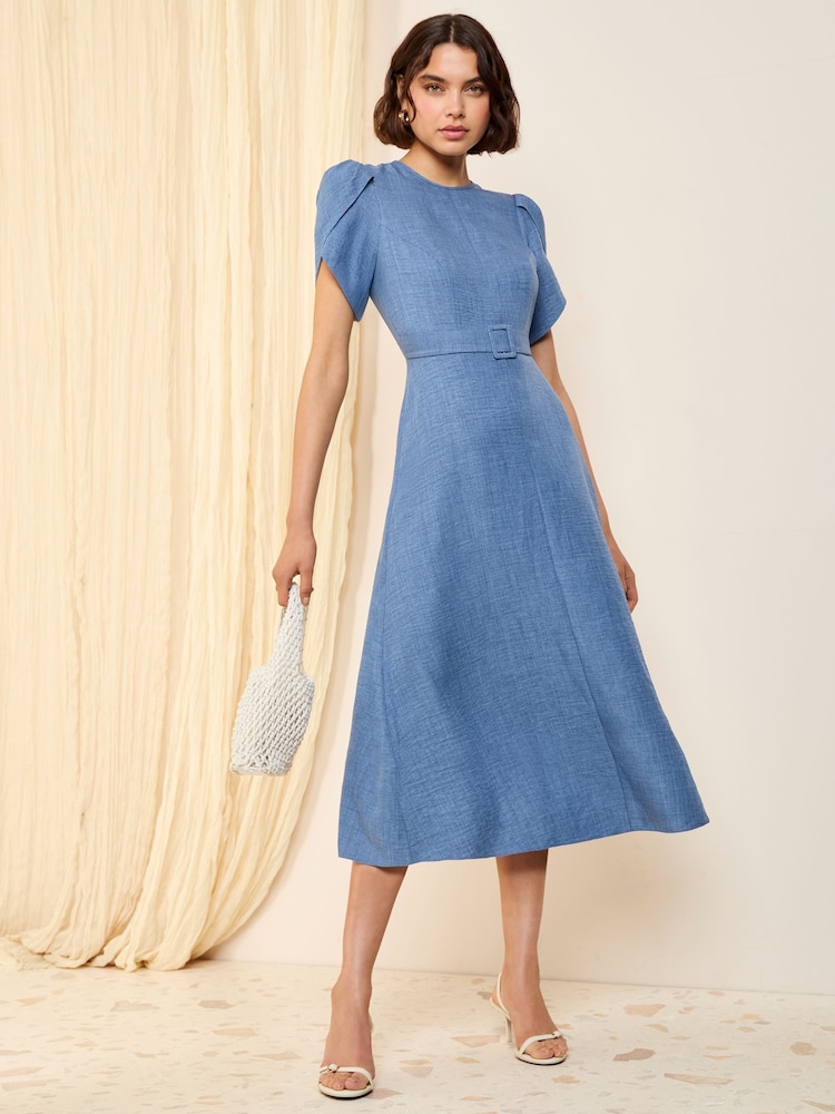 Friends Like These Blue Petal Sleeve Midi A Line Belted Dress - Image 1 of 5