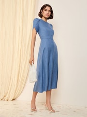 Friends Like These Blue Petal Sleeve Midi A Line Belted Dress - Image 3 of 5