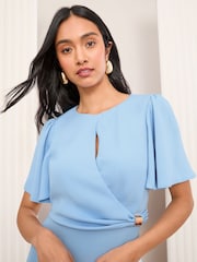Friends Like These Blue Tulip Sleeve Wrap Front Tailored Dress - Image 3 of 4