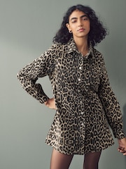 Leopard Print Button Down Mini Denim 100% Cotton Dress - Image 1 of 8
