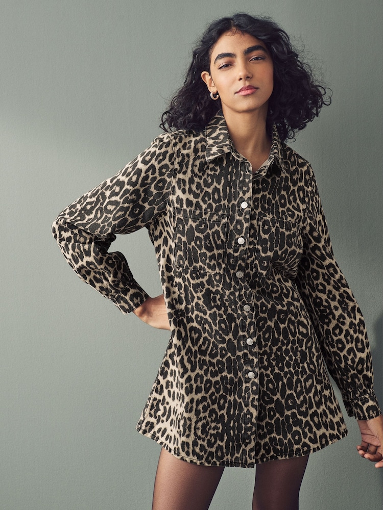 Leopard Print Button Down Mini Denim 100% Cotton Dress - Image 1 of 8