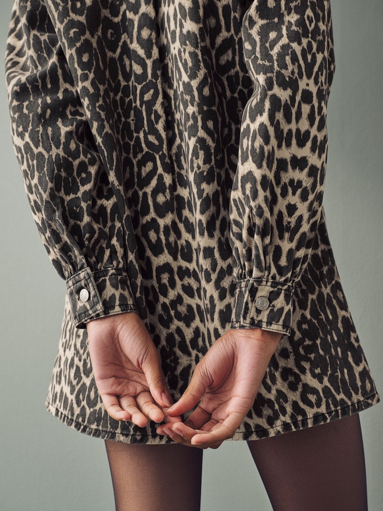 Leopard Print Button Down Mini Denim 100% Cotton Dress - Image 4 of 8