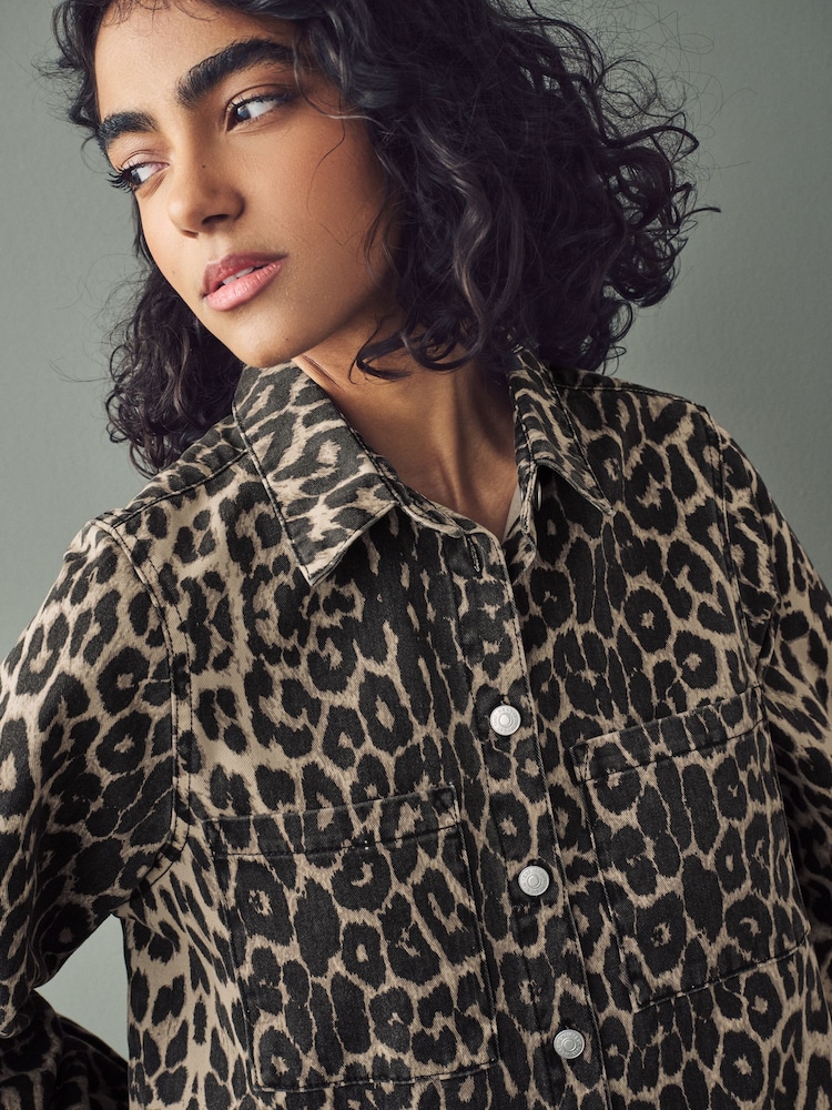 Leopard Print Button Down Mini Denim 100% Cotton Dress - Image 5 of 8