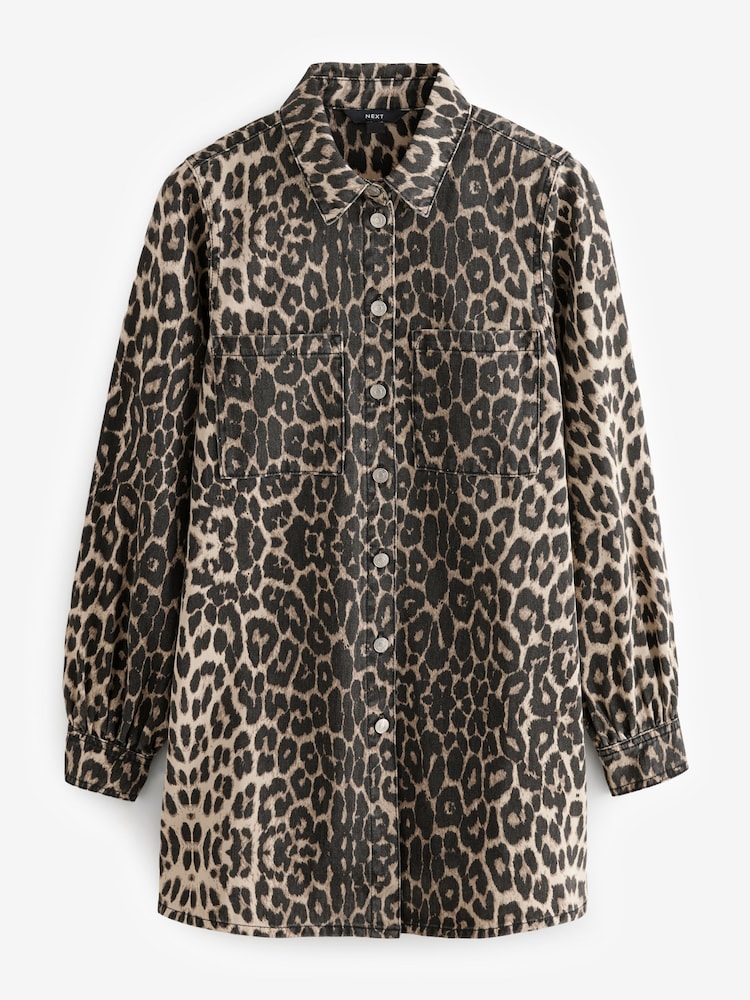 Leopard Print Button Down Mini Denim 100% Cotton Dress - Image 6 of 8