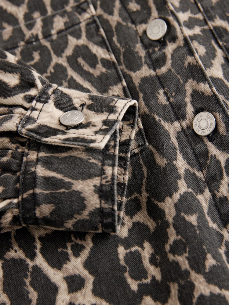 Leopard Print Button Down Mini Denim 100% Cotton Dress - Image 7 of 8