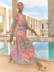V&A I Love & Roses Pink Woodblock Petite Woodblock Printed Long Sleeve Midaxi Dress - Image 3 of 5