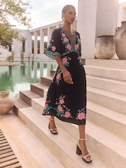 V&A I Love & Roses Black Floral Printed V-Neck Short Sleeve Midi Dress - Image 1 of 4