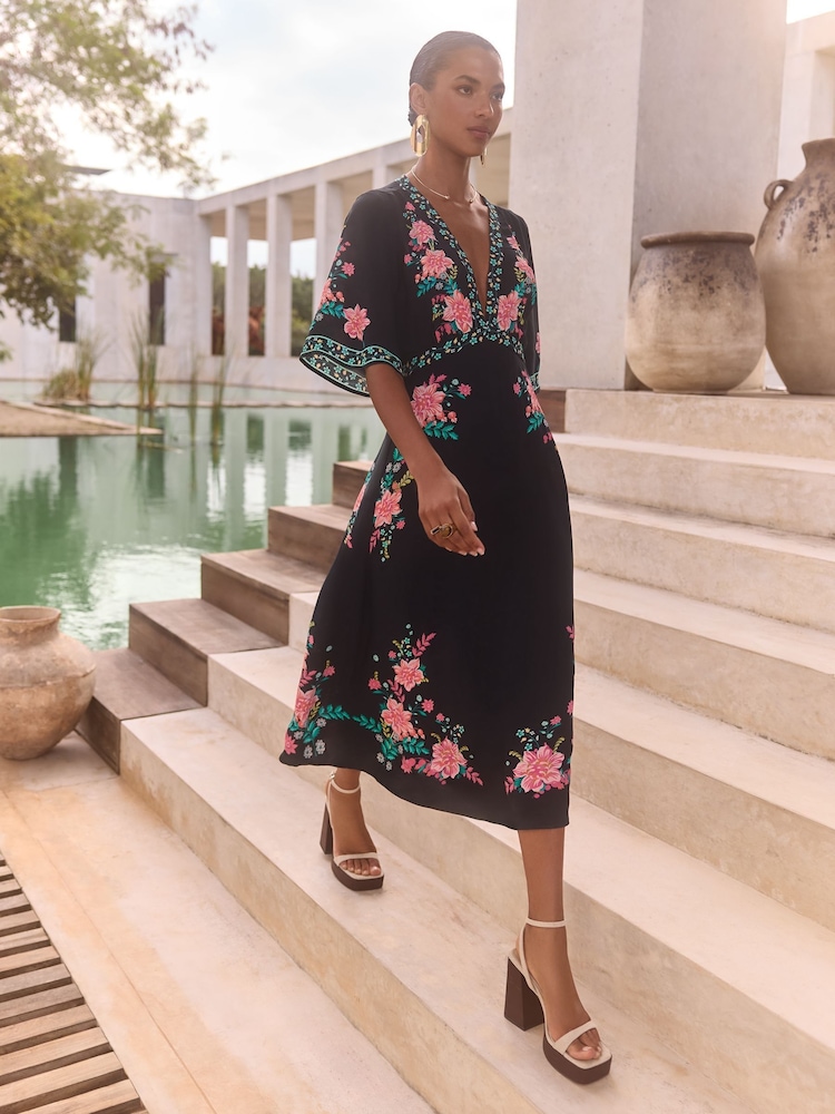 V&A I Love & Roses Black Floral Printed V-Neck Short Sleeve Midi Dress - Image 1 of 4