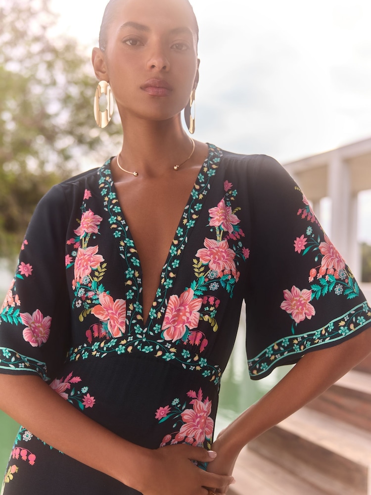 V&A I Love & Roses Black Floral Printed V-Neck Short Sleeve Midi Dress - Image 2 of 4