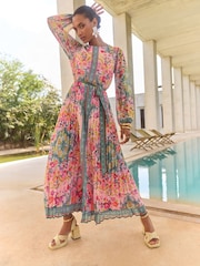 Rose - V&A I Love & Roses Woodblock Printed Long Sleeve Midaxi Dress - Image 1 de 5