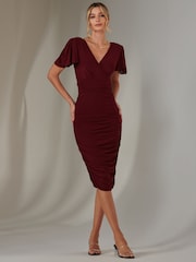 Jolie Moi cherry red Plain Angel Sleeve Ruched Bodycon Dress - Image 1 of 6