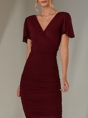Jolie Moi cherry red Plain Angel Sleeve Ruched Bodycon Dress - Image 3 of 6