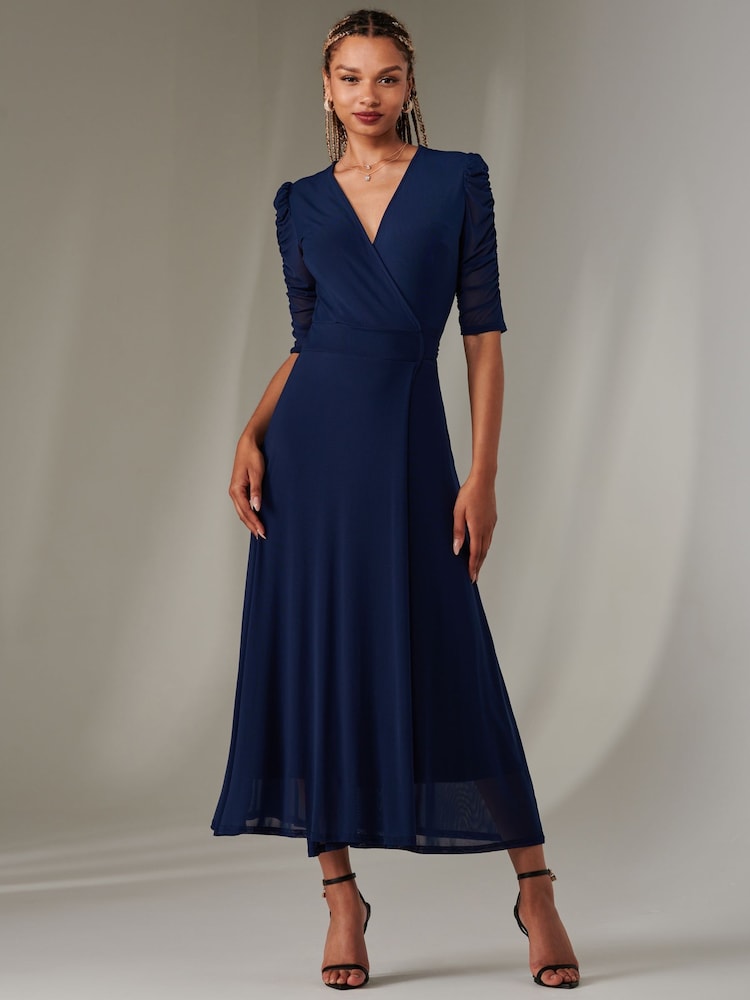 Jolie Moi Navy Zeena Plain Wrap Mesh Maxi Dress - Image 1 of 6