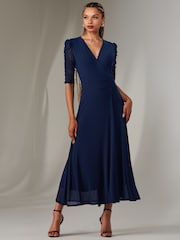 Jolie Moi Navy Zeena Plain Wrap Mesh Maxi Dress - Image 4 of 6
