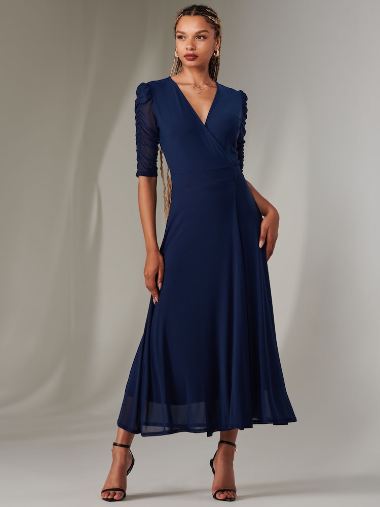 Jolie Moi Navy Zeena Plain Wrap Mesh Maxi Dress - Image 4 of 6