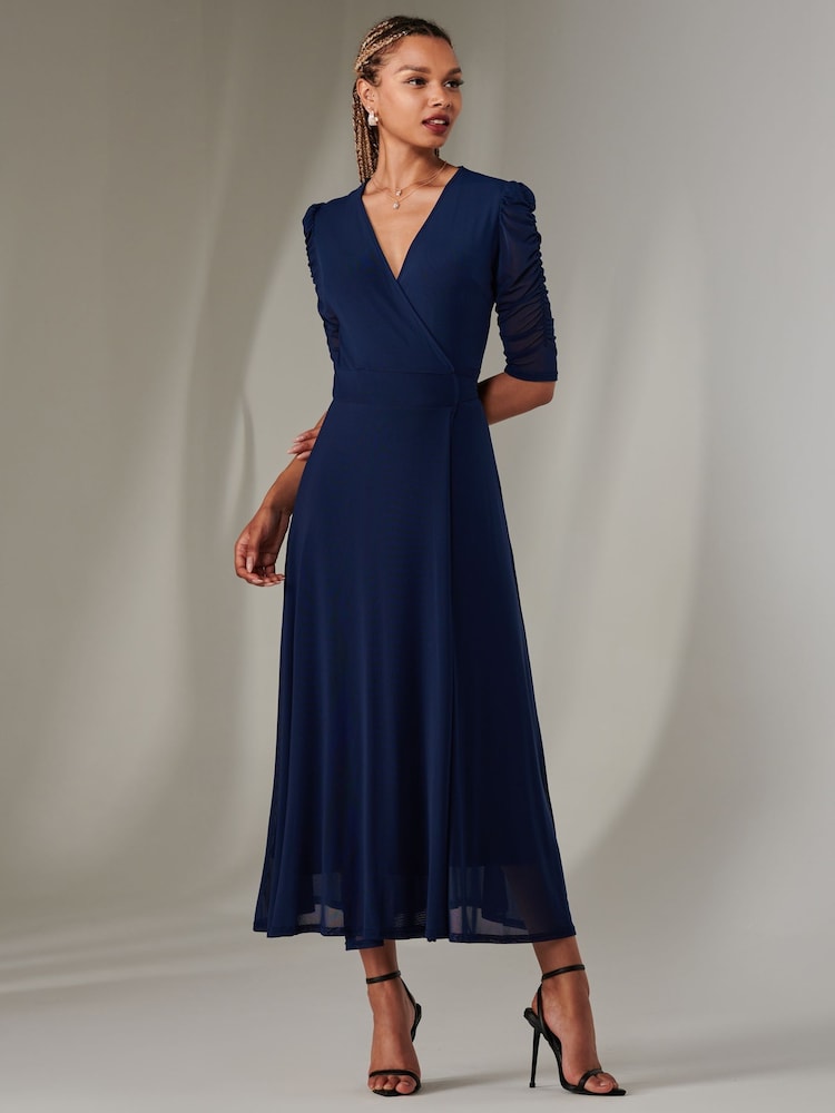 Jolie Moi Navy Zeena Plain Wrap Mesh Maxi Dress - Image 6 of 6