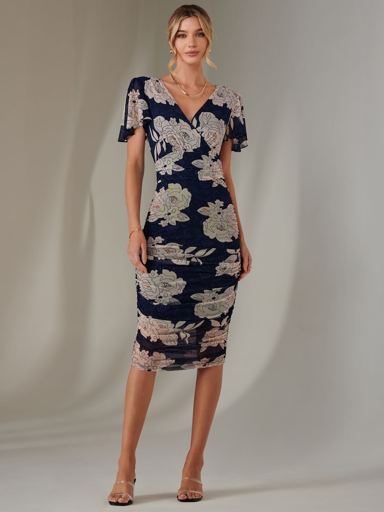 Jolie Moi Dark Blue Angel Sleeve Ruched Bodycon Dress - Image 1 of 6