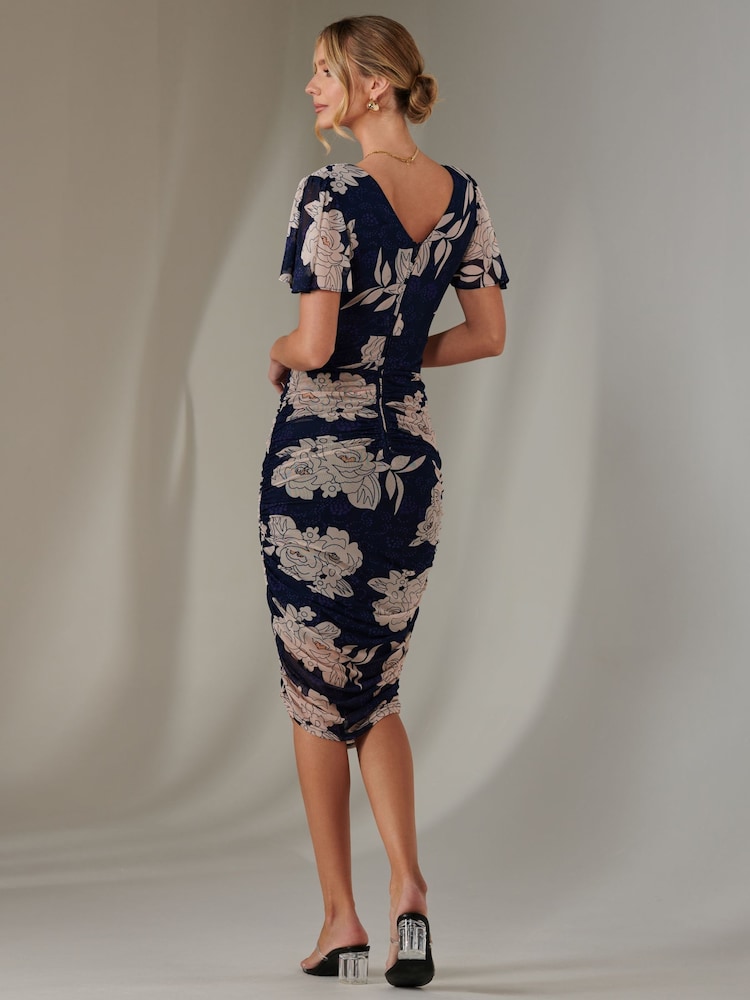 Jolie Moi Dark Blue Angel Sleeve Ruched Bodycon Dress - Image 2 of 6