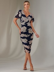 Jolie Moi Dark Blue Angel Sleeve Ruched Bodycon Dress - Image 4 of 6