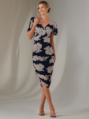 Jolie Moi Dark Blue Angel Sleeve Ruched Bodycon Dress - Image 5 of 6