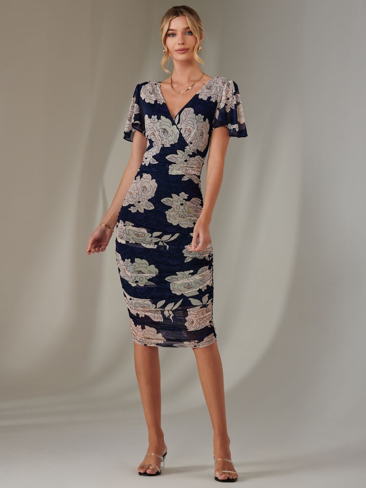 Jolie Moi Dark Blue Angel Sleeve Ruched Bodycon Dress - Image 6 of 6