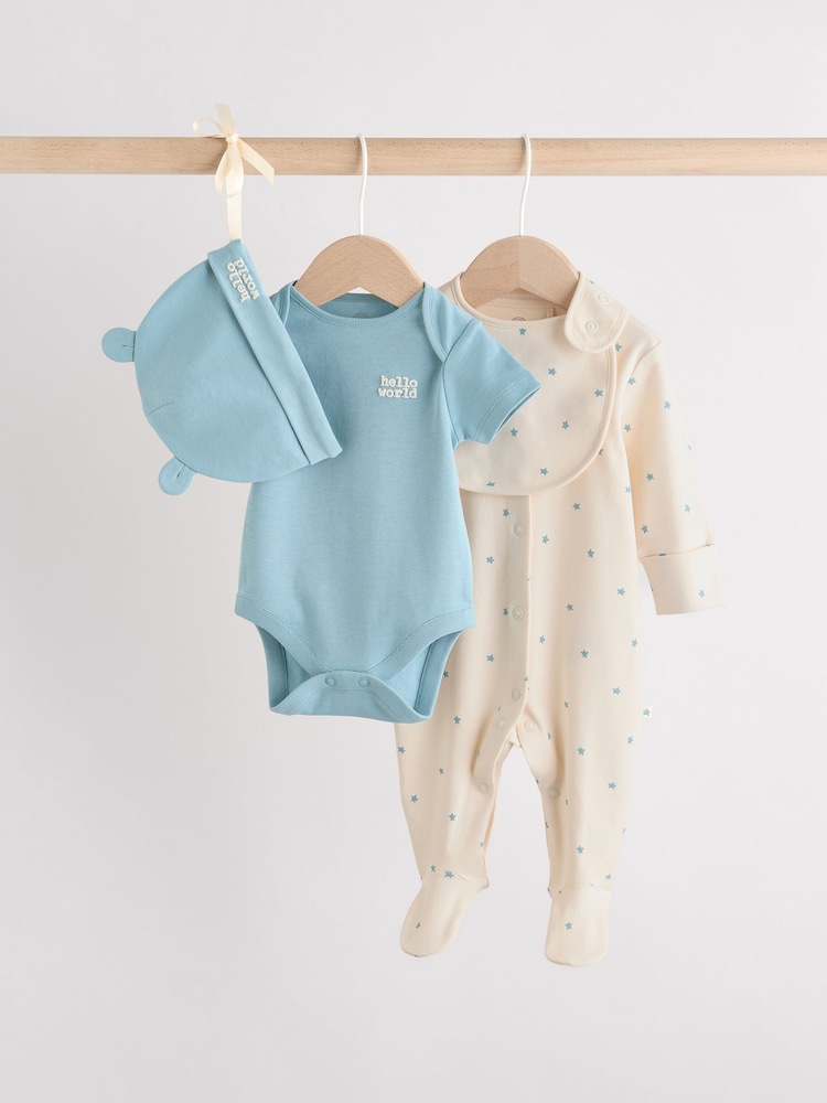 Blue Baby Sleepsuit, Bodysuit, Beanie and Bib Set 4 Piece (0-12mths) - Image 1 of 17 Blue Baby Sleepsuit, Bodysuit, Beanie and Bib Set 4 Piece (0-12mths) - Image 1 of 17