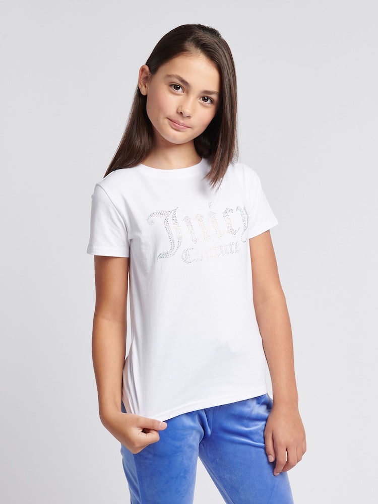Juicy Couture White Girls Fitted Diamante 100% Cotton T-Shirt - Image 1 of 7