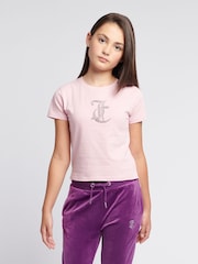 Juicy Couture Pink Girls Tonal Diamante Fitted 100% Cotton T-Shirt - Image 1 of 7
