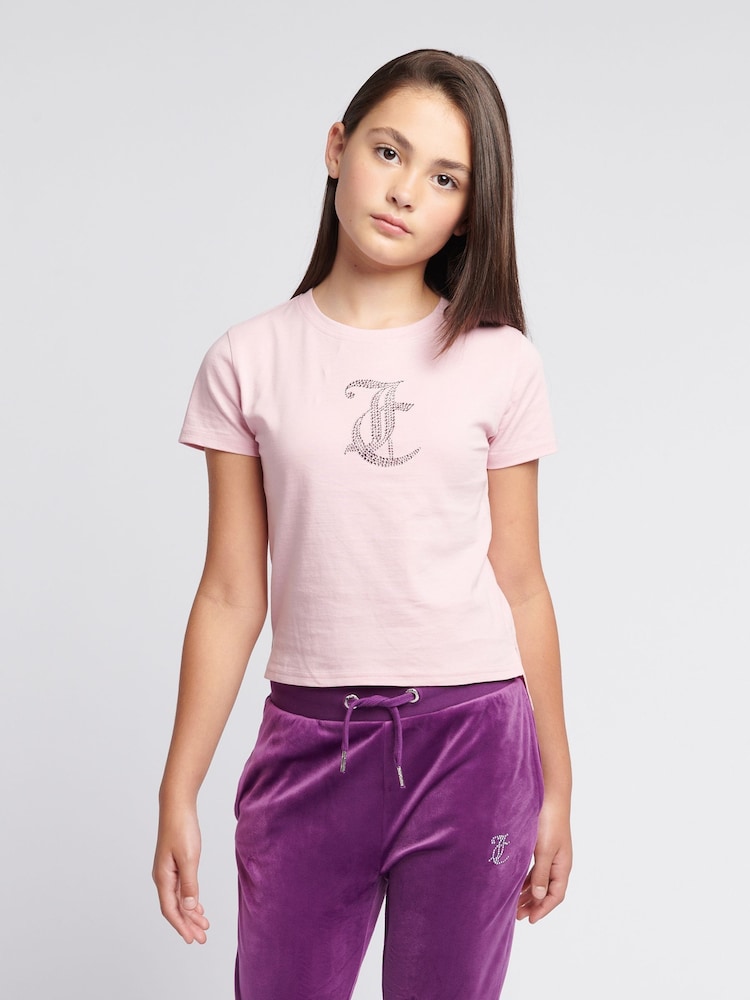 Juicy Couture Pink Girls Tonal Diamante Fitted 100% Cotton T-Shirt - Image 1 of 7