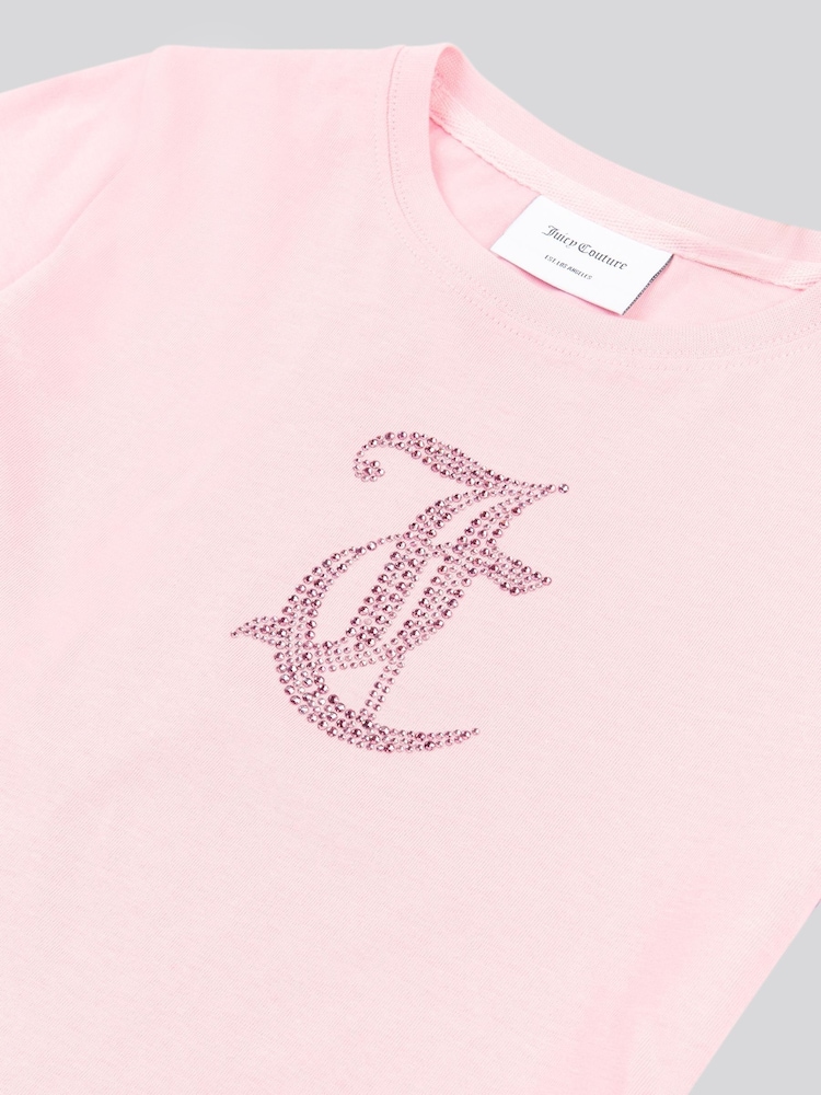 Juicy Couture Pink Girls Tonal Diamante Fitted 100% Cotton T-Shirt - Image 7 of 7