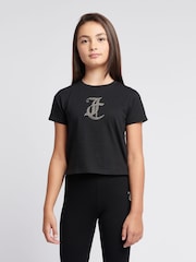 Juicy Couture Black Girls Tonal Diamante Fitted 100% Cotton T-Shirt - Image 1 of 7
