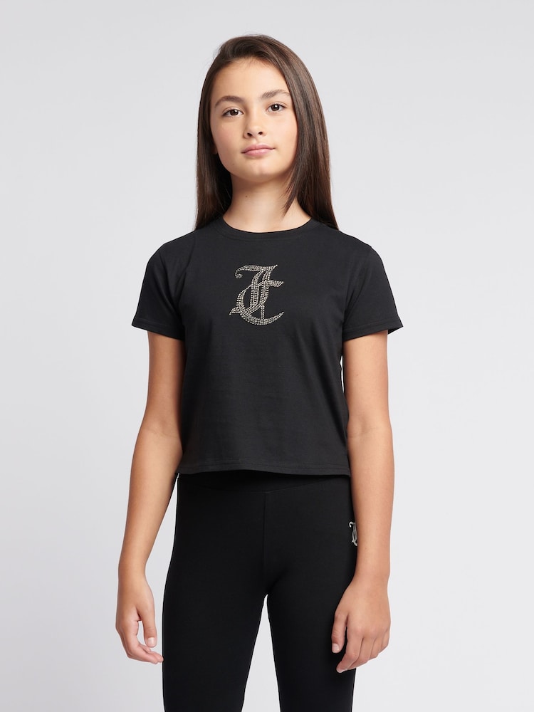 Juicy Couture Black Girls Tonal Diamante Fitted 100% Cotton T-Shirt - Image 1 of 7